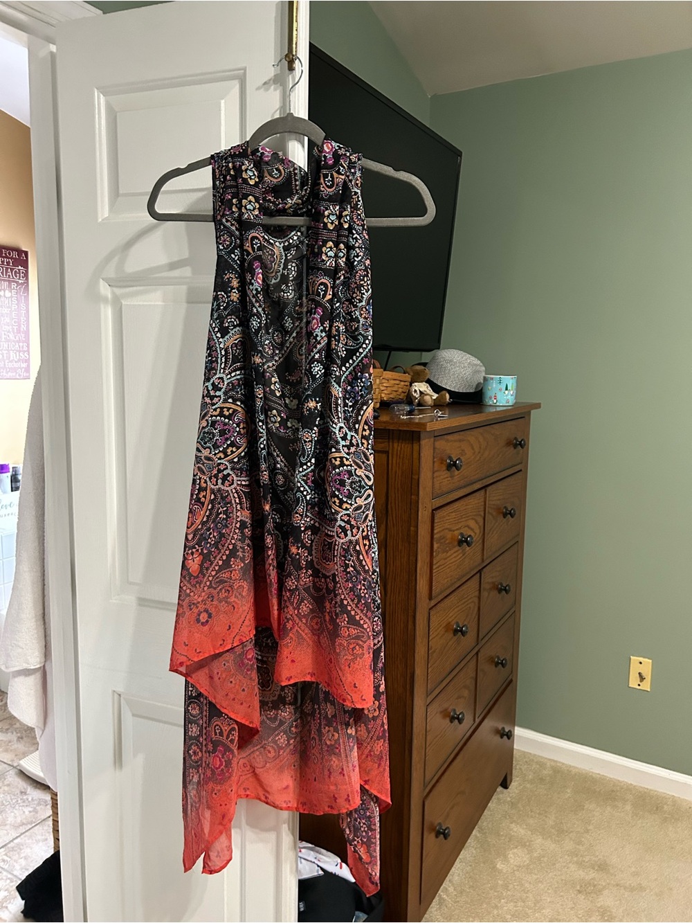 Paisley High-Low Sleeveless Duster Vest - Black & Coral